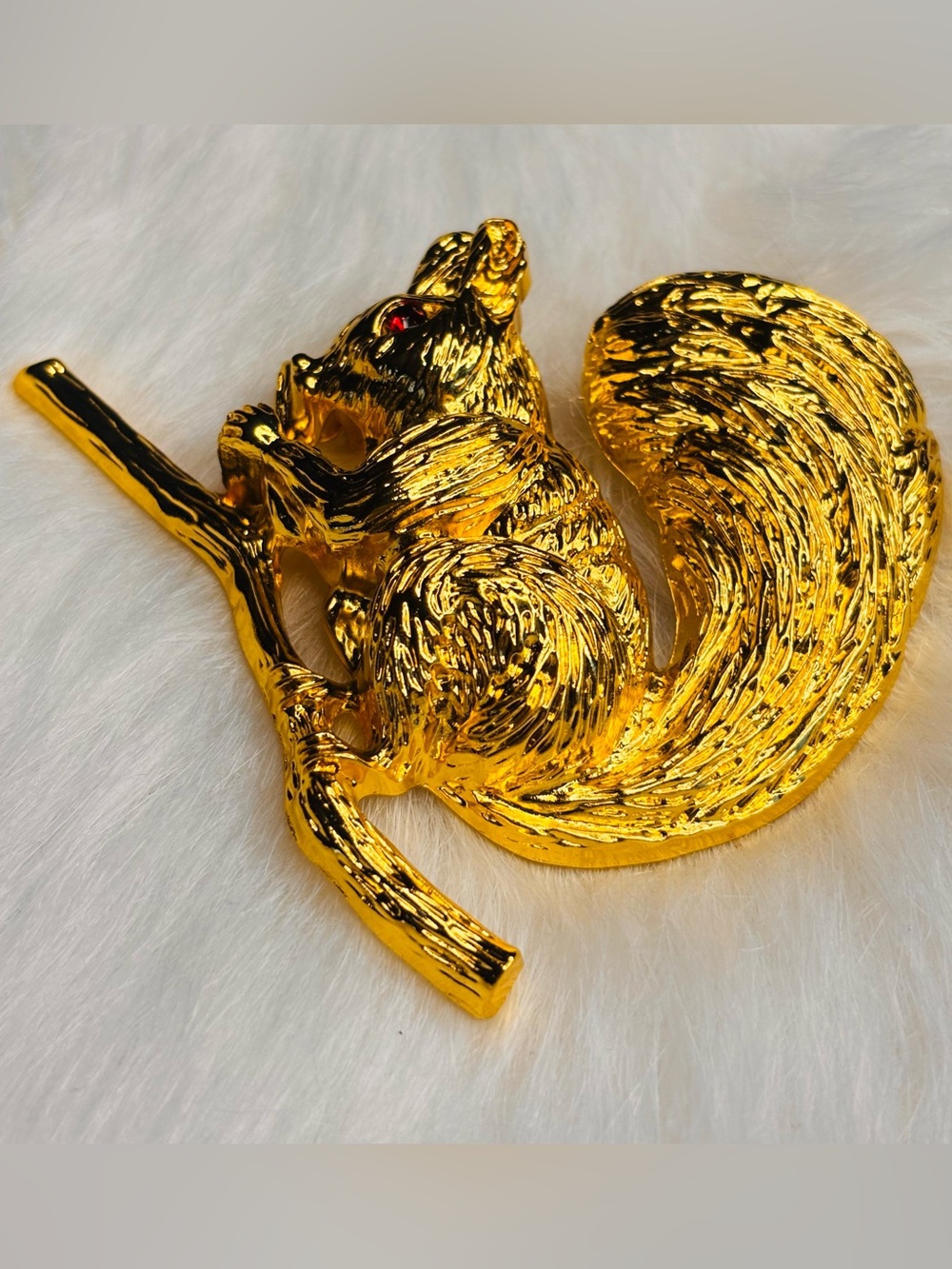 Oversized Gold Tone Squirrel Brooch Red Rhinestone Eye Statement Pin